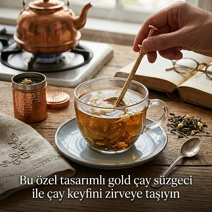 Gold Renkli Paslanmaz Çelik Pratik Çay Süzgeci - 4